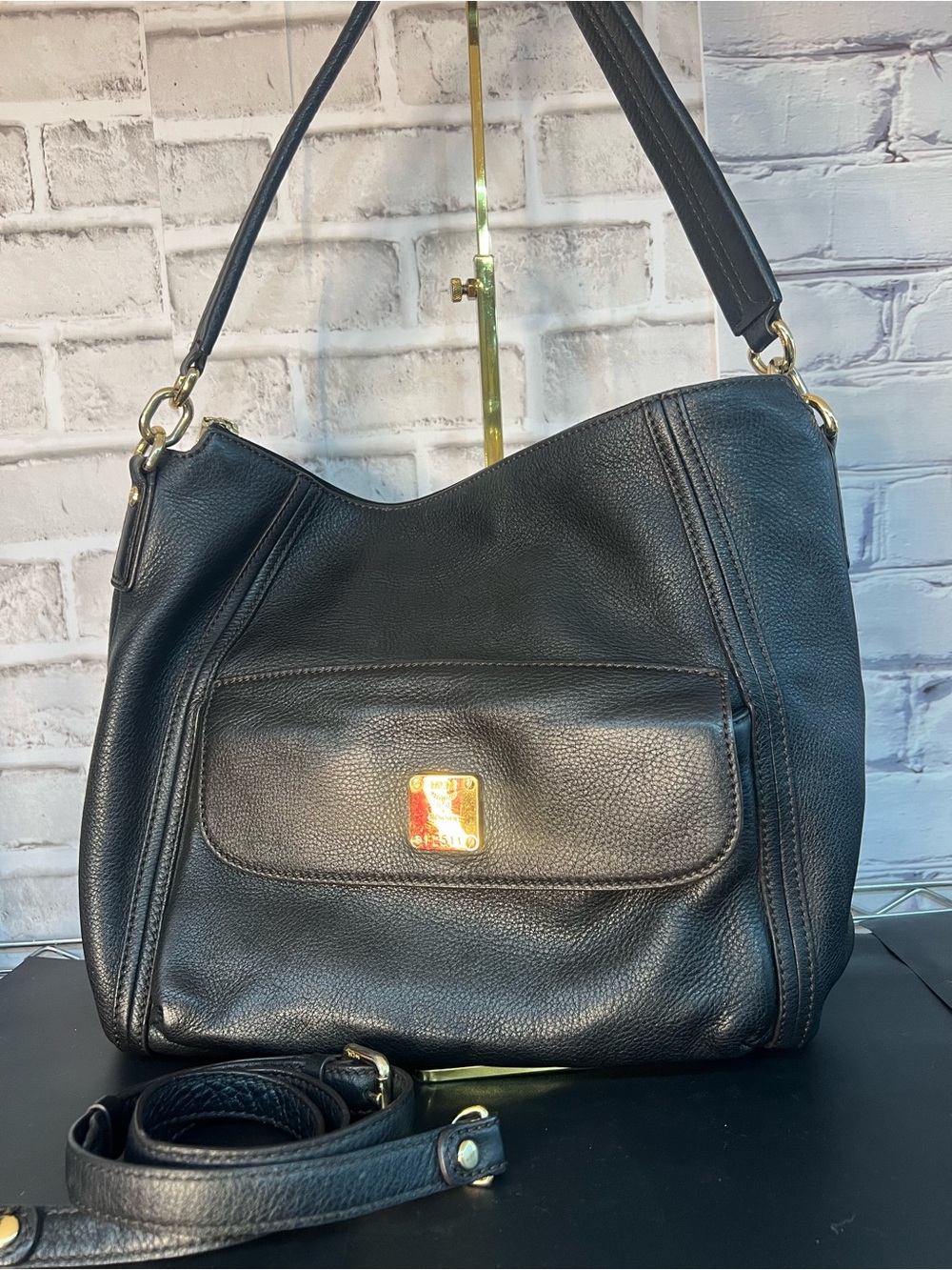 MCM Classic Black Leather Shoulder Bag with Front Pocket